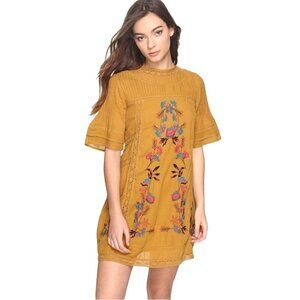Free People Victorian Mini Dress Mustard Embroidered A Line Bohemian Size L